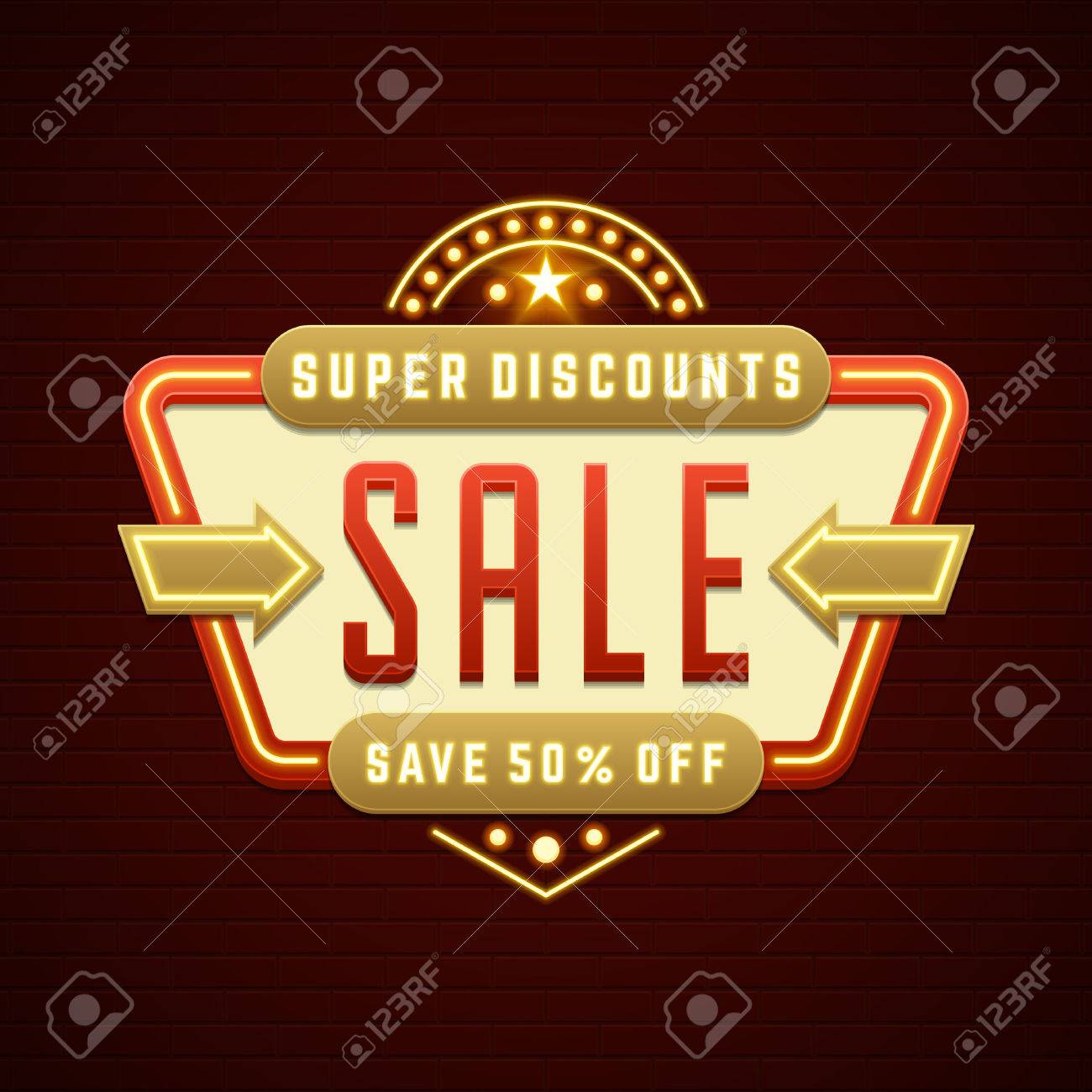 Retro Showtime Sign Design. Cinema Signage Light Bulbs Frame and Neon Lamps on brick wall background. American advertisement style vector illustration. 1950s Sign Design, Retro Signage, Sale. - 52494116 Retro Showtime Sign Design. Cinema Signage Light Bulbs Frame and Neon Lamps on brick wall background. American advertisement style vector illustration. 1950s Sign Design, Retro Signage, Sale. - 52494116