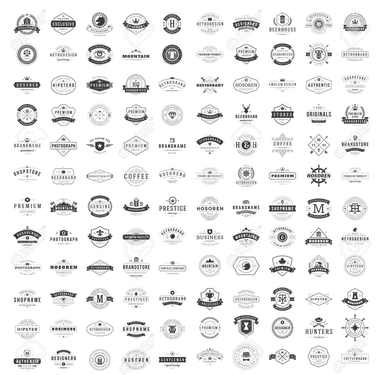 Vintage Logos Design Templates Set. Vector logotypes elements collection, Icons Symbols, Retro Labels, Badges, Silhouettes. Big Collection 120 Items. - 57142358 Vintage Logos Design Templates Set. Vector logotypes elements collection, Icons Symbols, Retro Labels, Badges, Silhouettes. Big Collection 120 Items. - 57142358