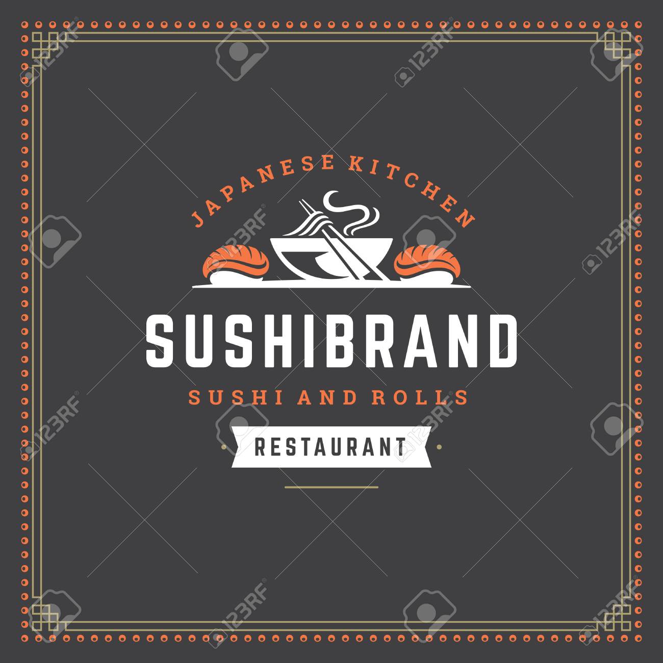 寿司レストランアイコンベクトルイラスト 日本食 ラーメンシルエット ヴィンテージタイポグラフィバッジデザイン のイラスト素材 ベクタ Image