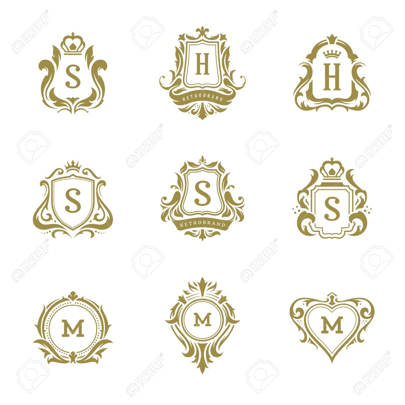Luxury Logos Monograms Crest Design Templates Set Vector Illustration.  Royal Brands Vintage Vignette Ornaments. Клипарты, SVG, векторы, и Набор  Иллюстраций Без Оплаты Отчислений. Image 117257119