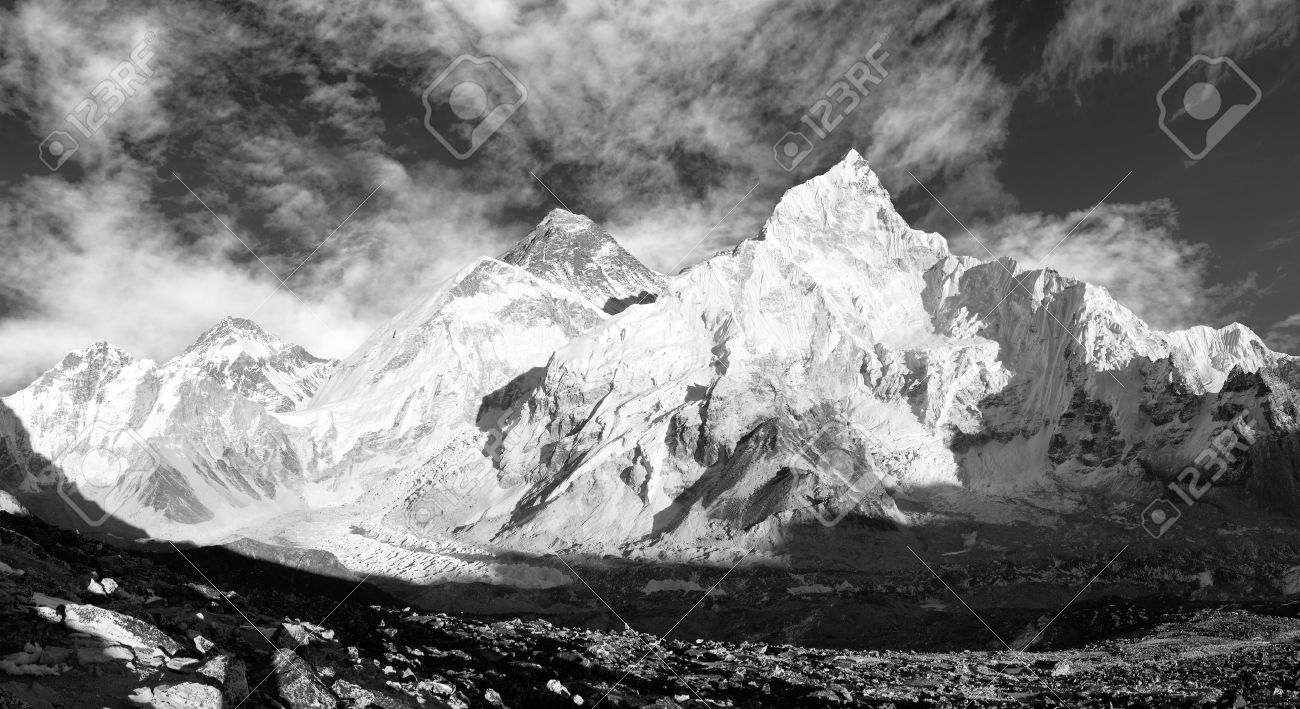 black and white panoramic view of Mount Everest with beautiful sky and Khumbu Glacier - Khumbu valley - Nepal - 18654372 black and white panoramic view of Mount Everest with beautiful sky and Khumbu Glacier - Khumbu valley - Nepal - 18654372