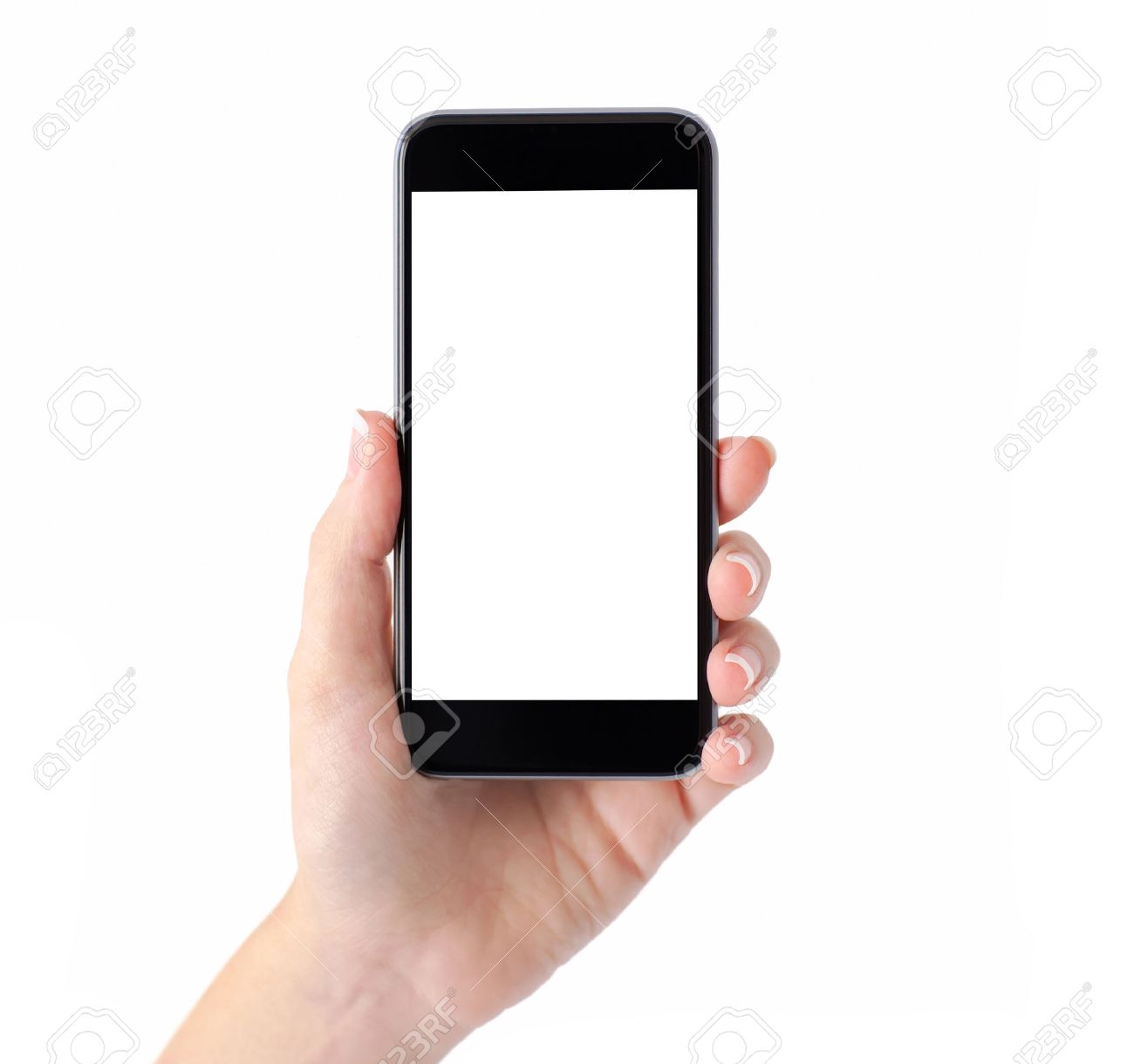 Isolated female hand holding a phone with white screen - 33668086 Isolated female hand holding a phone with white screen - 33668086