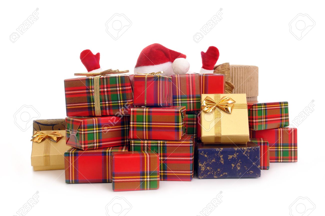 Santa Claus Overwhelmed By Pile Of Christmas Presents Over White Background  Stock Photo, Picture And Royalty Free Image. Image 2037510.