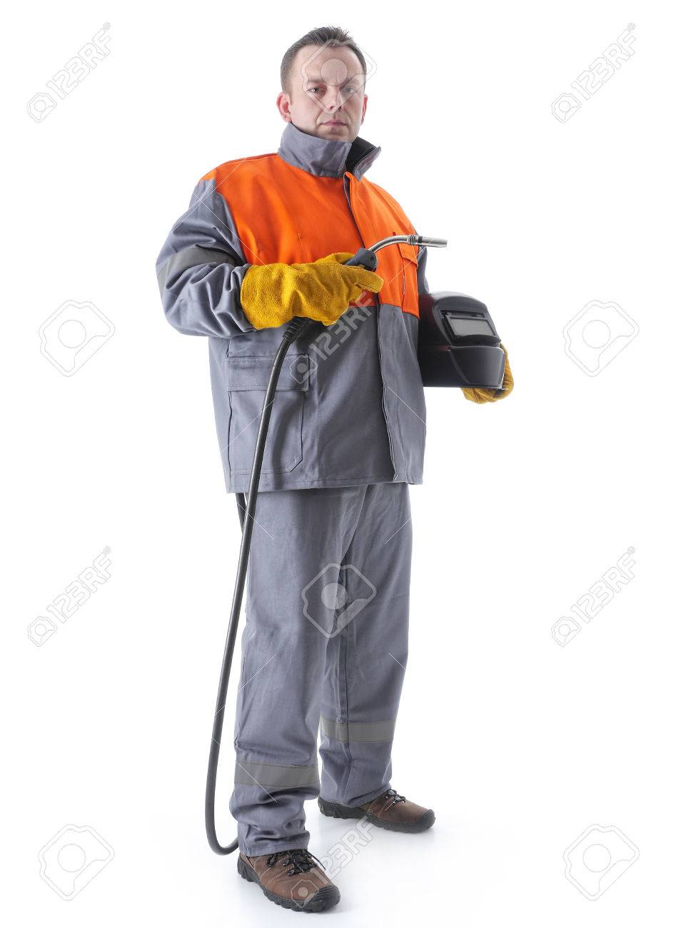Con Traje De Protección Soldadura Capucha Y Pistola De Soldadura De Gas En Blanco Fotos, Retratos, Imágenes Y Fotografía De Archivo Libres De Derecho. Image 25811922.