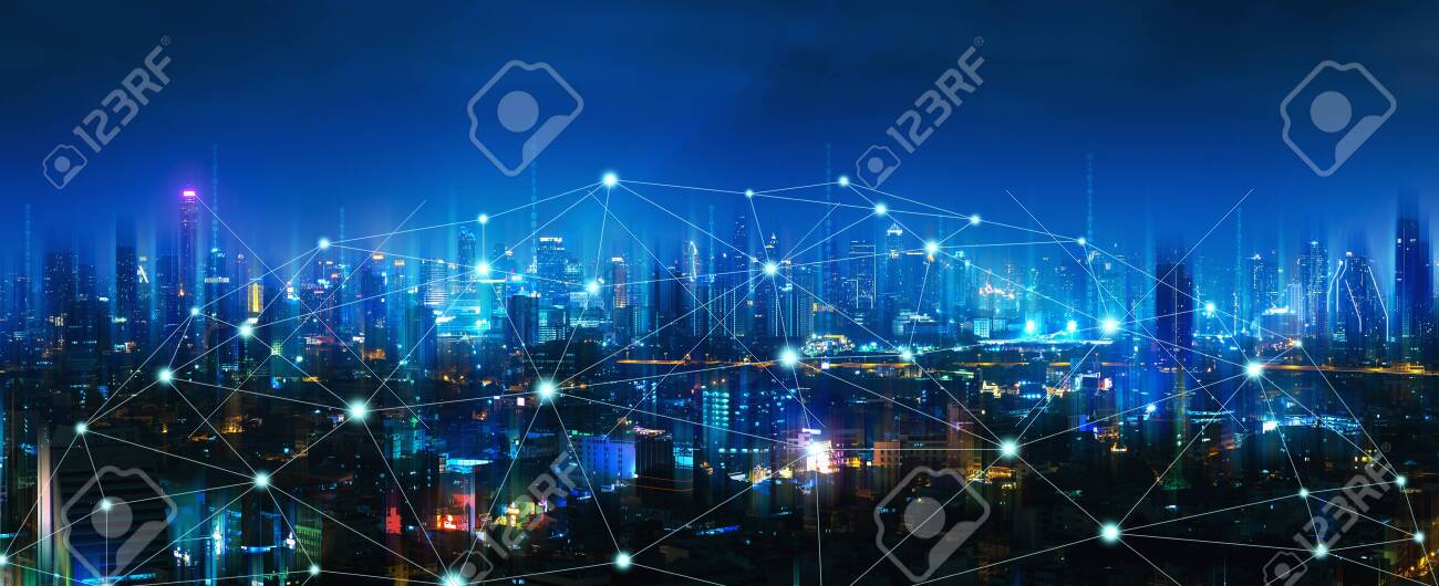 Wireless network and Connection technology concept with Bangkok city background at night in Thailand, panorama view - 129405939 Wireless network and Connection technology concept with Bangkok city background at night in Thailand, panorama view - 129405939