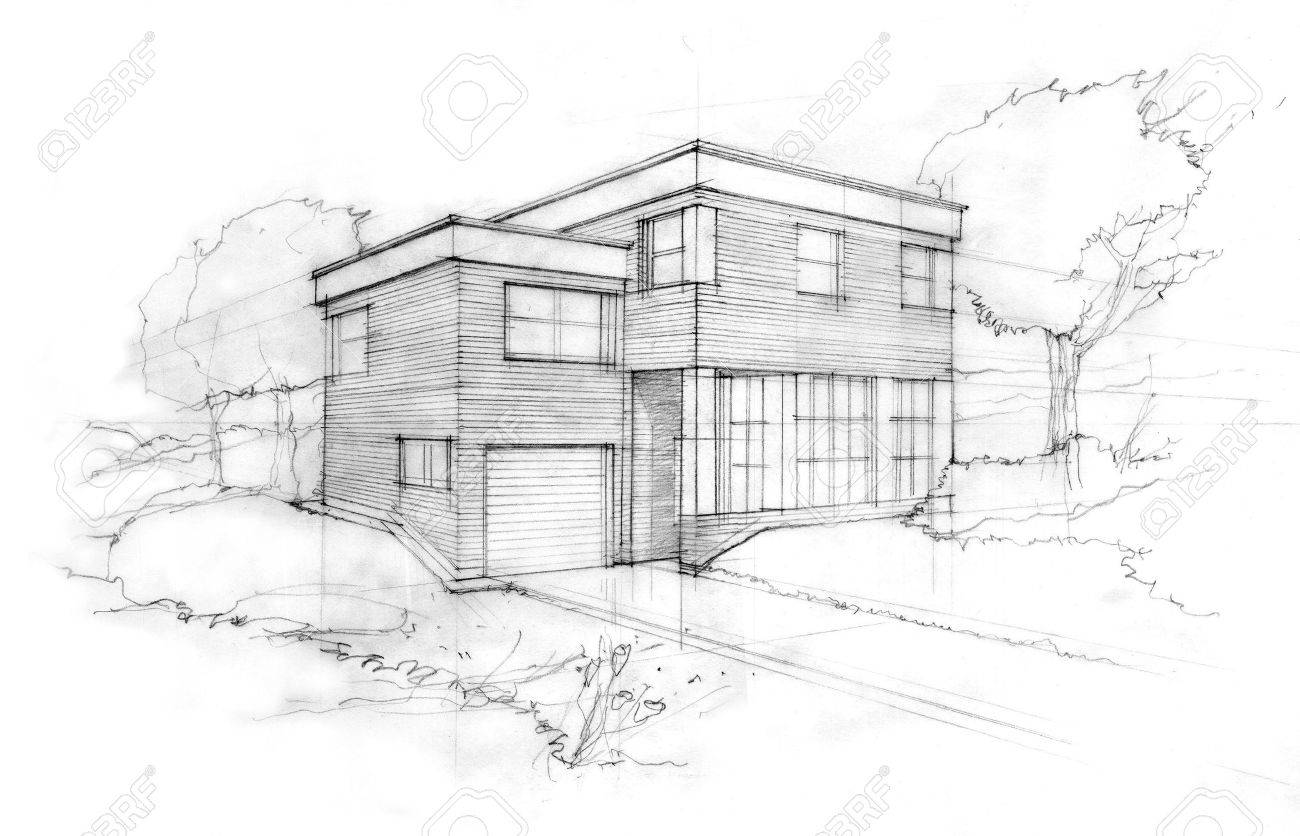 建築家の立方モダンハウスの最初のアイデアのスケッチ の写真素材 画像素材 Image