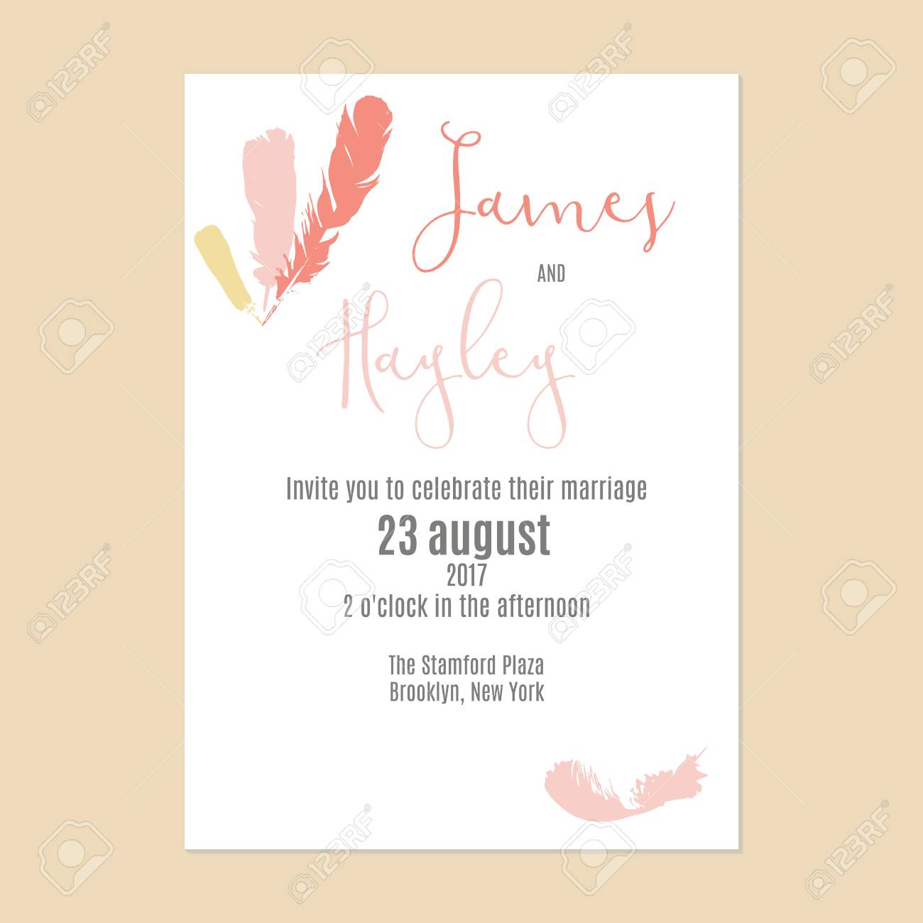繊細なピンク羽結婚式招待状カードのテンプレートのイラスト素材 ベクタ Image