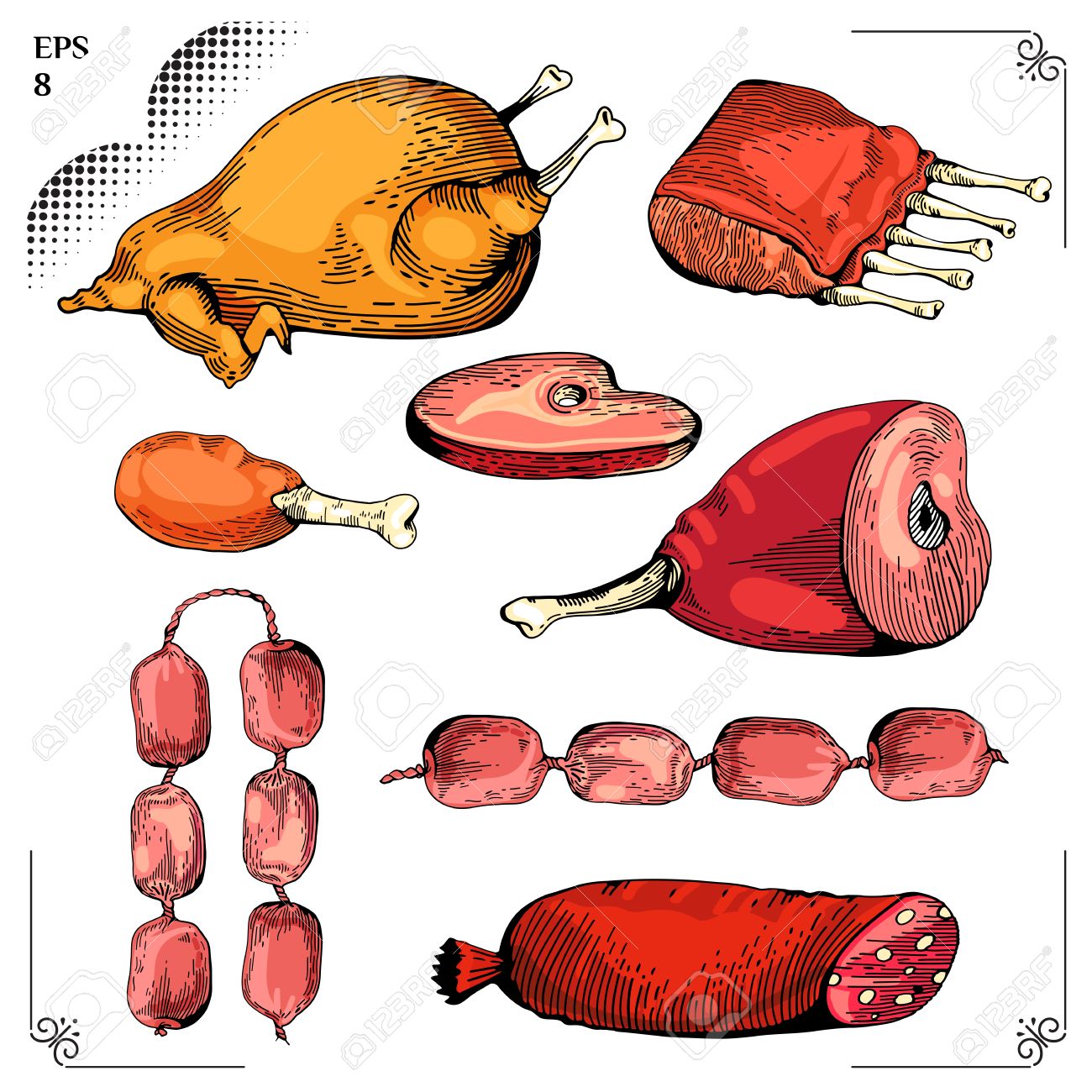 鶏と鶏の脚 ギャモン カルビ ソーセージ ステーキ 漫画イラスト お肉のセット グラフィック画像です 彫刻スタイル カラー画像 のイラスト素材 ベクタ Image