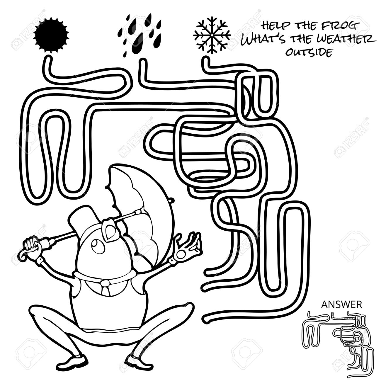 子供のための面白い迷路ゲーム 迷路や幼児用迷路ゲーム ソリューションと迷路パズル 漫画カエルのイラスト素材 ベクタ Image