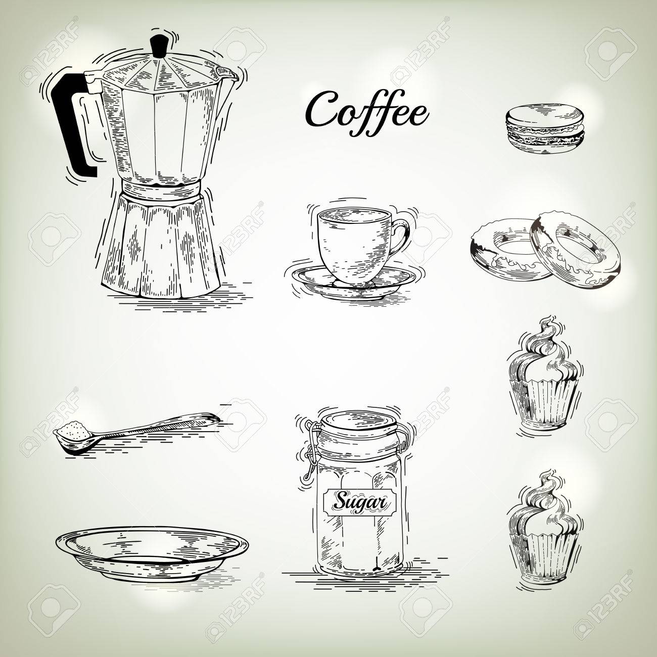 Hand Drawn Coffee Set Maker Vintage Posters Of Vector Hand Drawn Coffee Set Maker Vintage Posters Of Vector