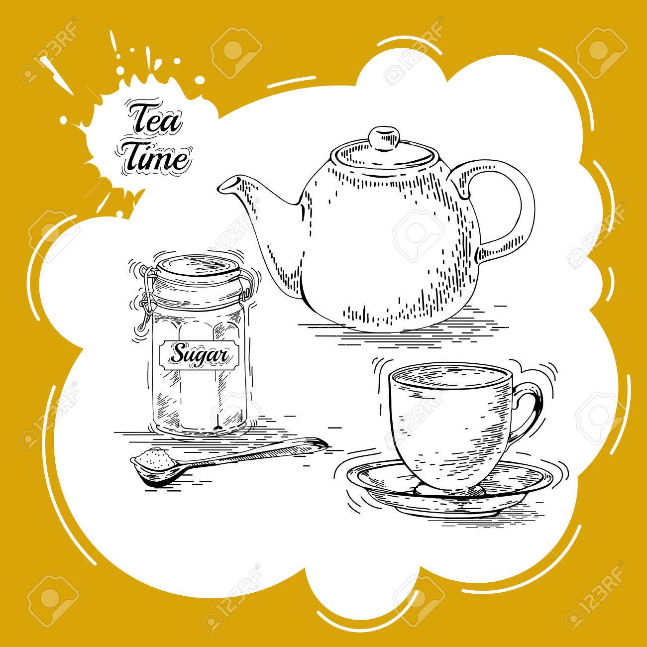 手描きの茶器 ティーポット ベクトル ビンテージ茶のポスター 紅茶ベクトル グラフィック デザインのセットです ビンテージのパンフレット 紅茶のラベル 茶器 カップ ソーサー メーカー デザート のイラスト素材 ベクタ Image