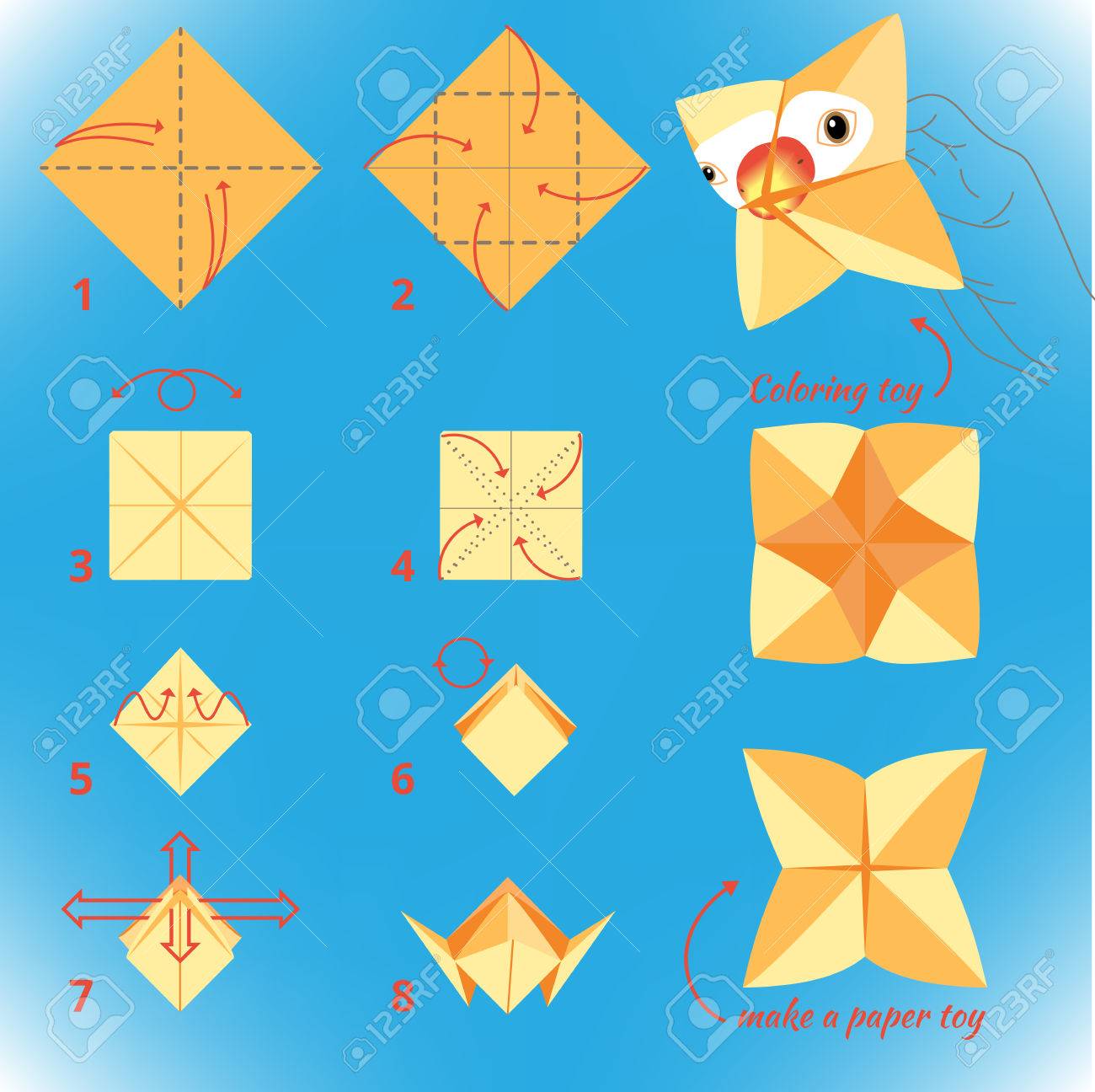 Instructions Comment Faire Du Papier Oiseau Origami étape Tutoriel Par étape Vector Jouet Jeu éducatif Pour Les Enfants Jeu Visuel Perroquet De