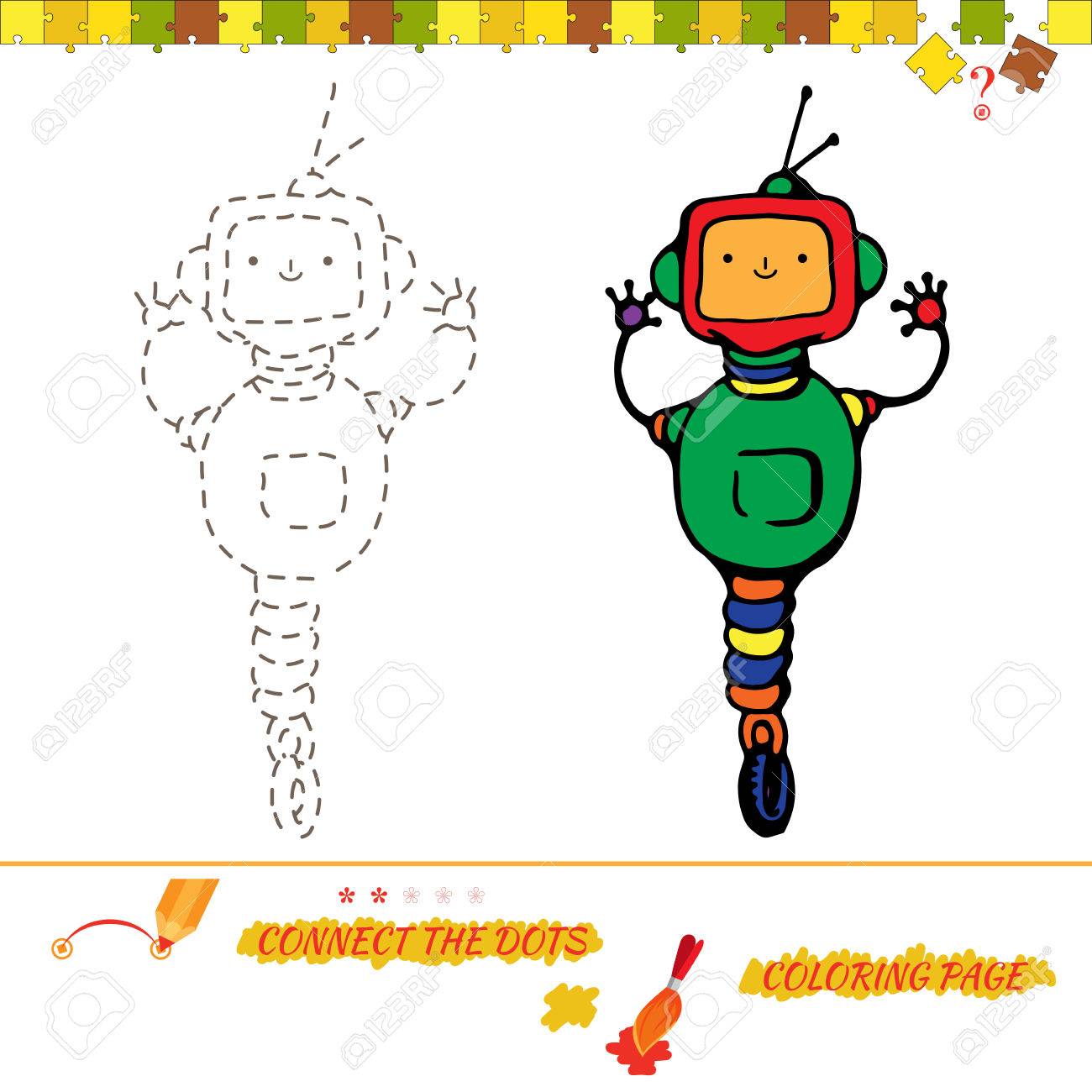 パズルは ドット絵と着色ページを接続します 視覚的なゲームの子供のため 子供のためのパズル 教育は就学前の子供のためのゲーム 面白い漫画ロボット のイラスト素材 ベクタ Image