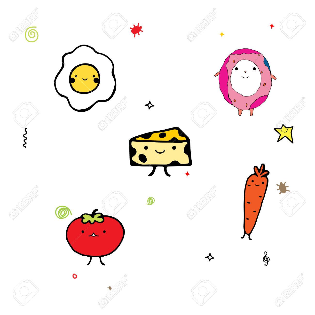 孤立した背景の上に食べ物の漫画のキャラクター かわいい目玉焼きチーズとトマトのデザインや装飾 のイラスト素材 ベクタ Image