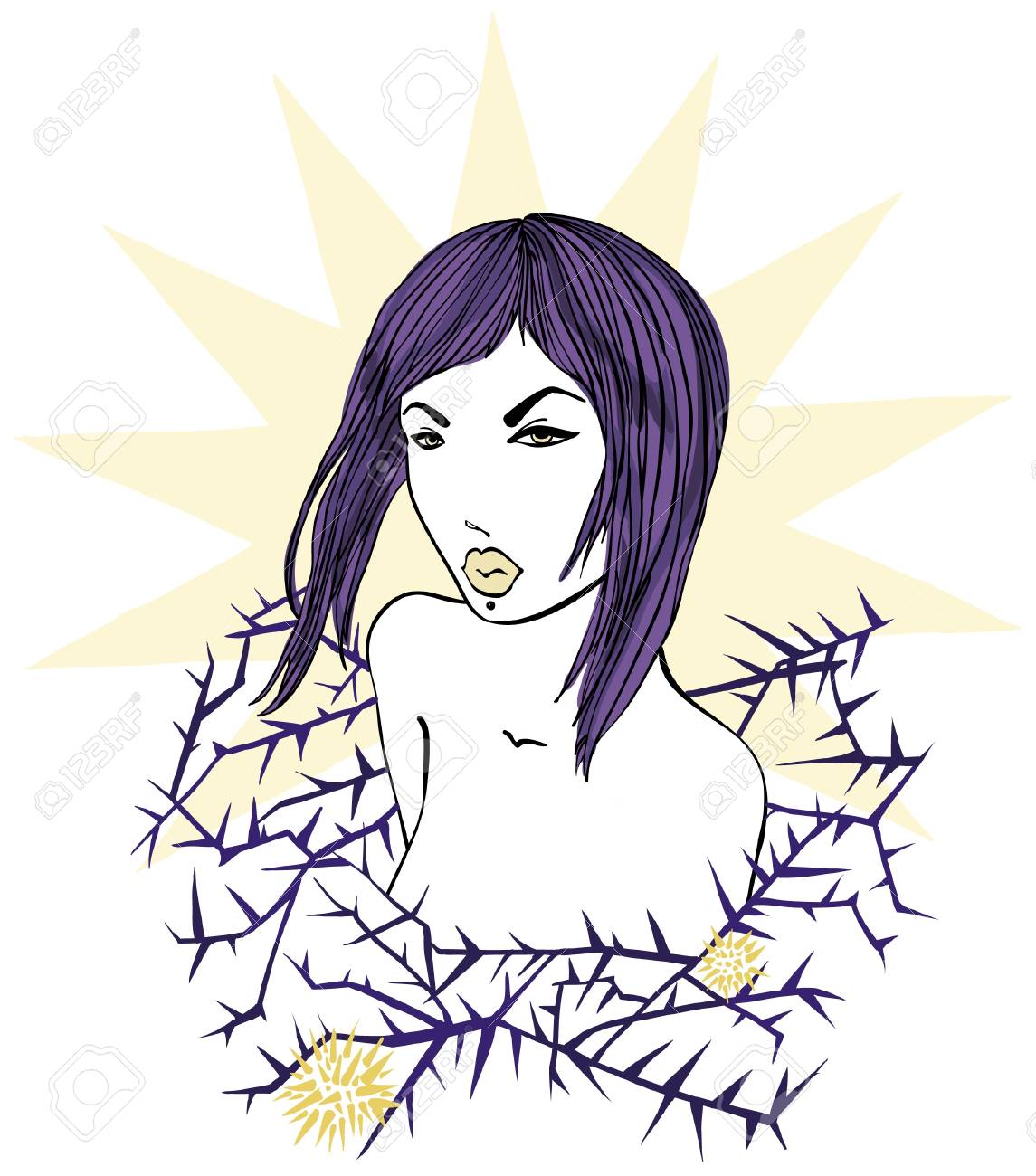 花のイラストと美しい女性のイラスト素材 ベクタ Image