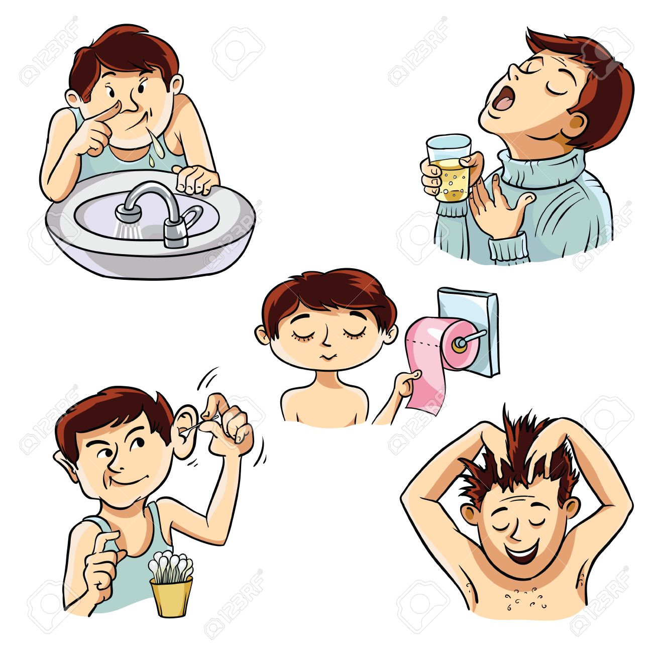 four images of a person involved in personal hygiene royalty free