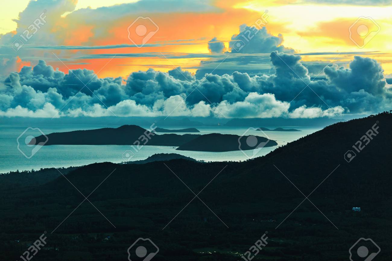 Nature Background. Scenic View Landscape Of Paradise Island During Scenic View Landscape Of Paradise Island During Sunset Or Sunrise Over The Sea - Nature Background. Scenic View Landscape Of Paradise Island During