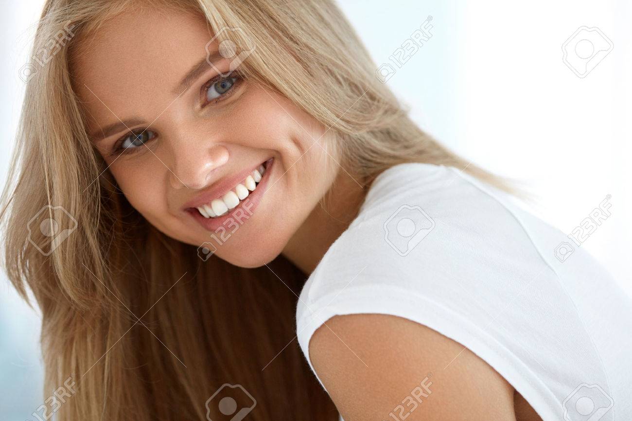 Beauty Woman Portrait. Closeup Of Beautiful Happy Girl With Perfect Smile, White Teeth Smiling At Camera. Attractive Healthy Young Female With Fresh Natural Face Makeup Indoors. High Resolution Image - 61732744 Beauty Woman Portrait. Closeup Of Beautiful Happy Girl With Perfect Smile, White Teeth Smiling At Camera. Attractive Healthy Young Female With Fresh Natural Face Makeup Indoors. High Resolution Image - 61732744