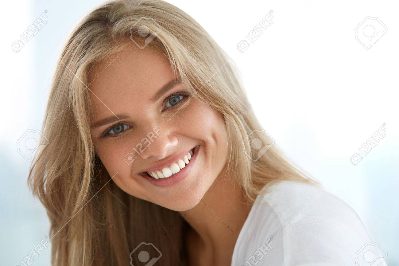 Beauty Woman Portrait. Closeup Of Beautiful Happy Girl With Perfect Smile, White Teeth Smiling At Camera. Attractive Healthy Young Female With Fresh Natural Face Makeup Indoors. High Resolution Image - 61732796 Beauty Woman Portrait. Closeup Of Beautiful Happy Girl With Perfect Smile, White Teeth Smiling At Camera. Attractive Healthy Young Female With Fresh Natural Face Makeup Indoors. High Resolution Image - 61732796