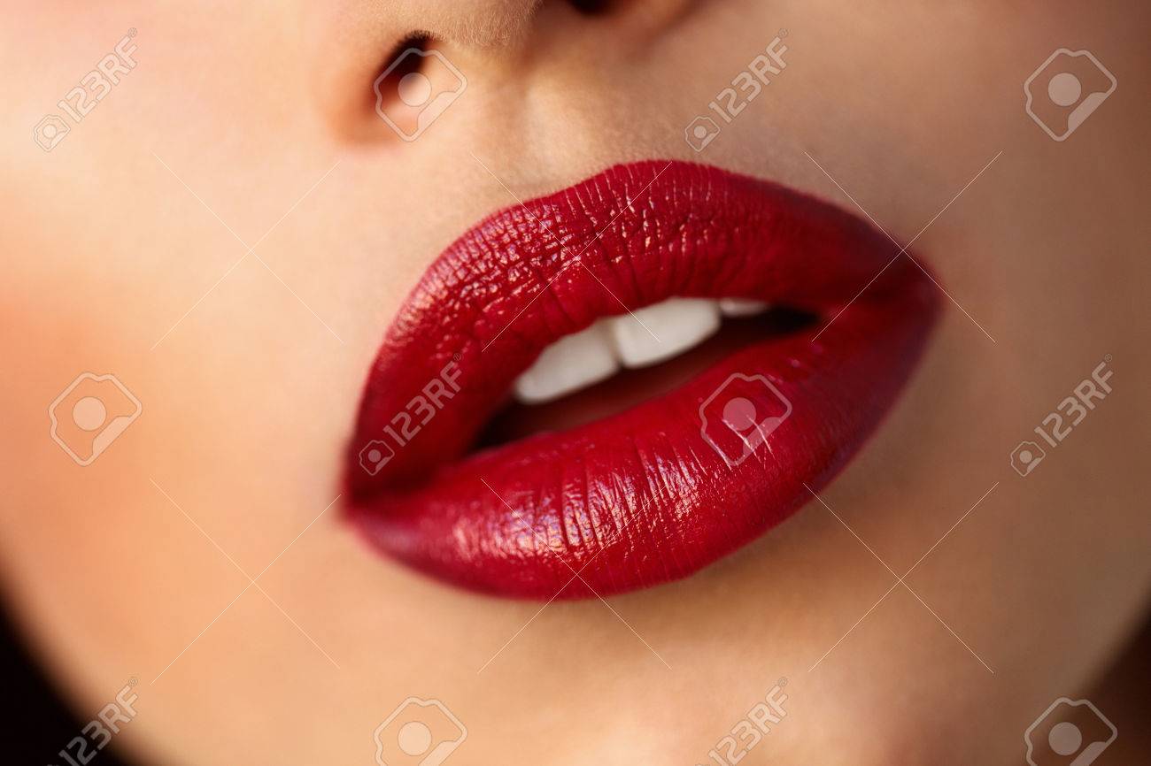 Beauty Beautiful Woman Face With Red Lipstick On Plump Full Beauty Beautiful Woman Face With Red