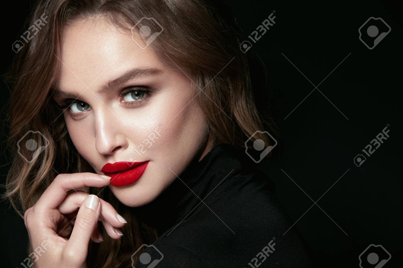 Beautiful Woman Face With Makeup And Red Lips Portrait Of Young Beautiful Woman Face With Makeup And