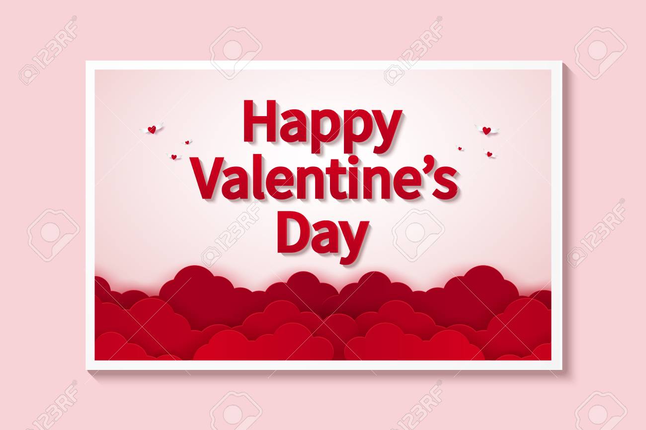 バレンタインデー 愛のイラスト 空に赤い文字の絵 紙アートスタイルのイラスト素材 ベクタ Image