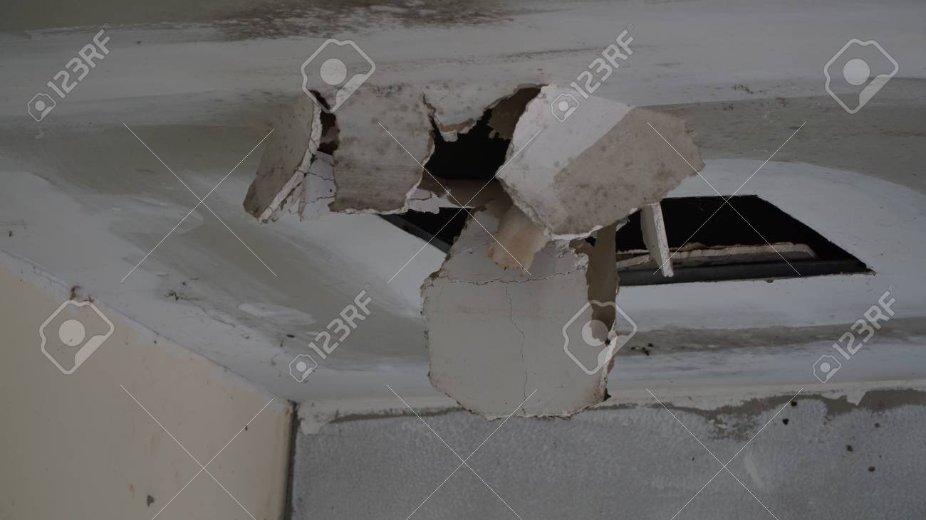 Broken Ceiling From The Heavy Rain Storm Stock Photo Picture