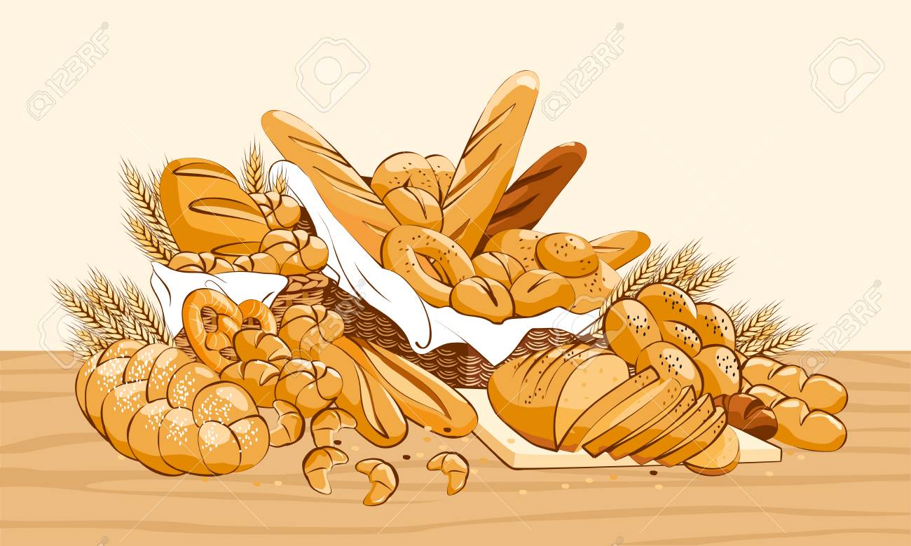 Bakery Products Basket With Bread And Other Pastries Royalty Free SVG,  Cliparts, Vectors, and Stock Illustration. Image 73453214., image size:1300x779