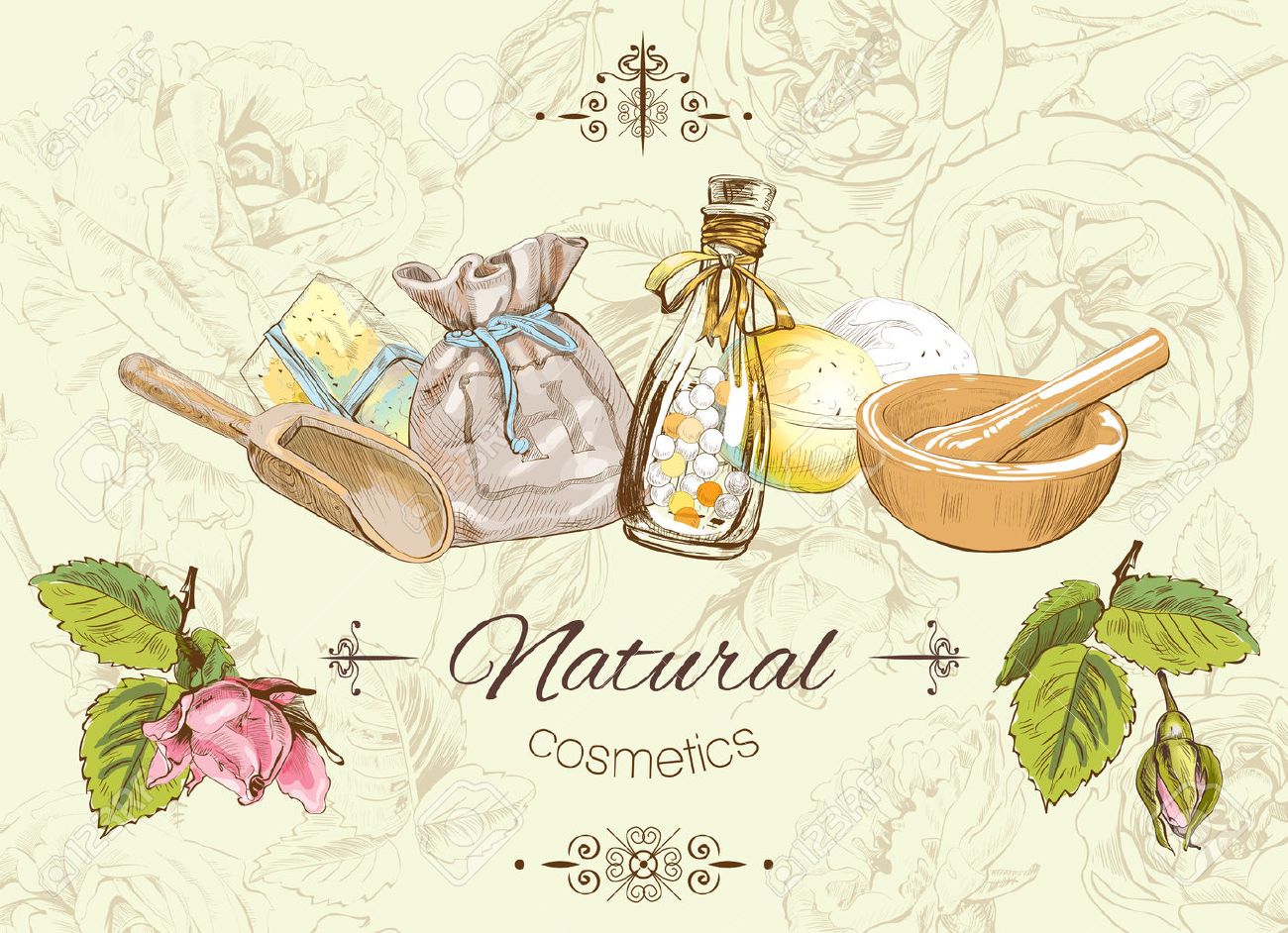 ベクトル野生の花とハーブの自然なバナー 化粧品店 美容室 自然とオーガニック製品の背景デザイン ロゴのデザインとして使用することができます のイラスト素材 ベクタ Image