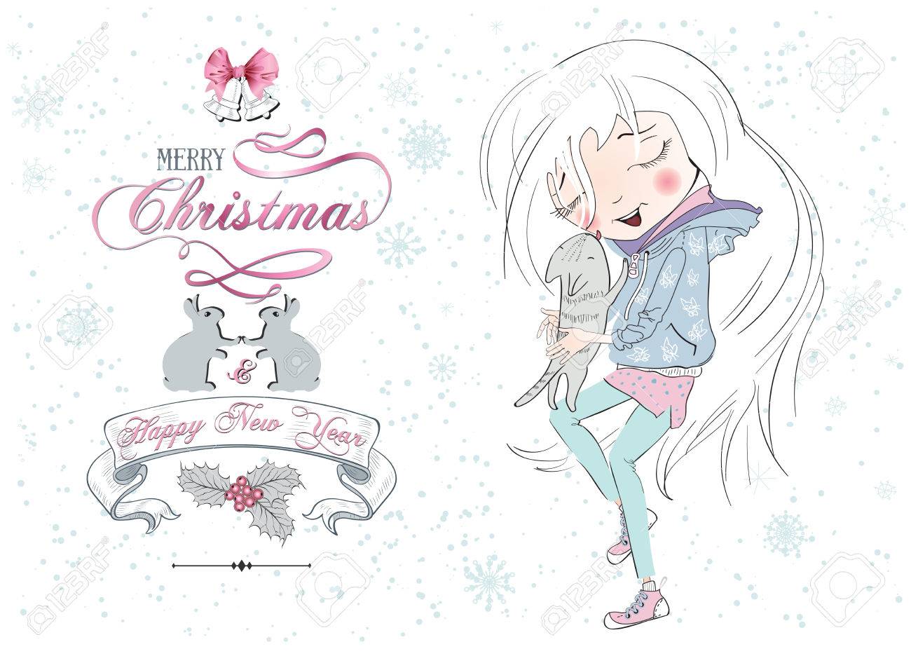 かわいい女の子のクリスマスのグリーティング カード 冬背景に小さな子猫を保持している美しい白い髪の子 ウサギと鐘メリー クリスマス バナー のイラスト素材 ベクタ Image