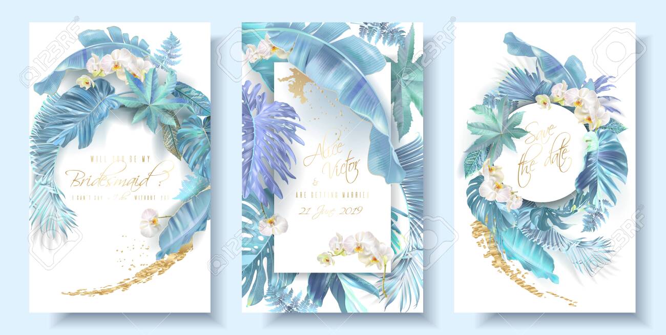Tropical blue leaves and orchid wedding cards - 133890355 Tropical blue leaves and orchid wedding cards - 133890355