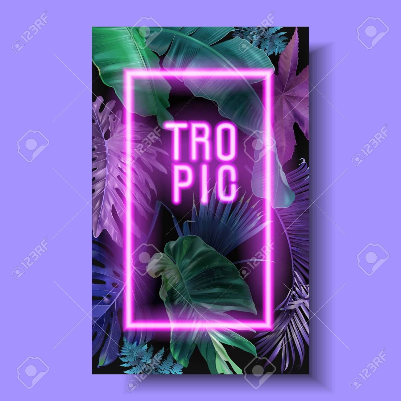 Vector banner with color tropical leaves and neon letters on black background. Botanical design for tropical night party, wedding invitation, cosmetics, spa, beauty salon, travel agency, florist shop - 138134823 Vector banner with color tropical leaves and neon letters on black background. Botanical design for tropical night party, wedding invitation, cosmetics, spa, beauty salon, travel agency, florist shop - 138134823
