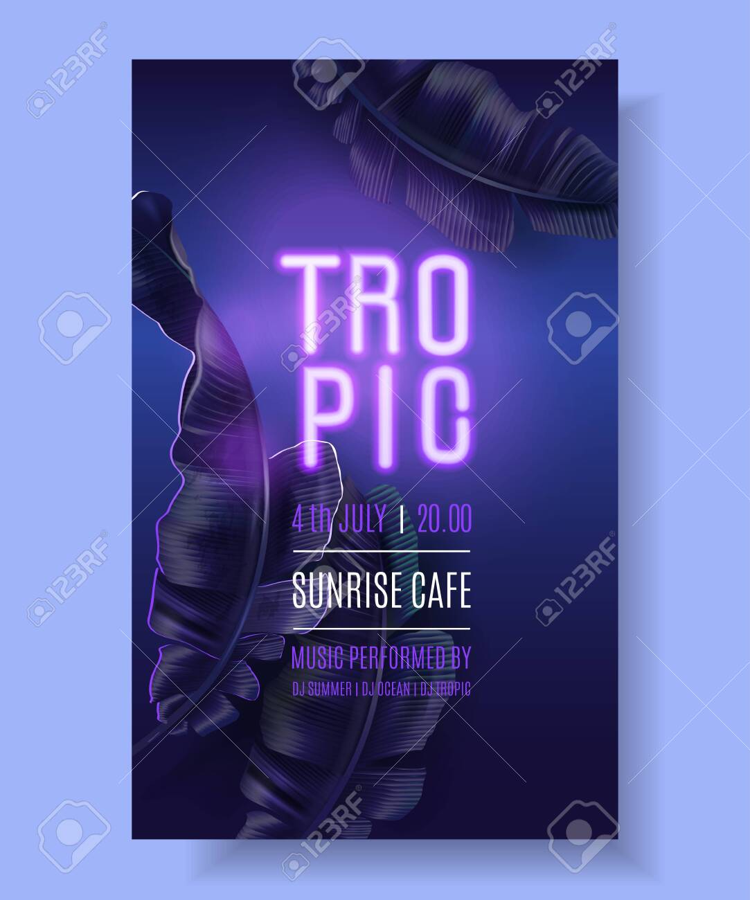 Vector tropical banner with purple banana leaves and pink neon letters on dark blue background. Exotic design for night music party, beach event invitation, dance party, summer sale, cosmetics flyer - 139511797 Vector tropical banner with purple banana leaves and pink neon letters on dark blue background. Exotic design for night music party, beach event invitation, dance party, summer sale, cosmetics flyer - 139511797