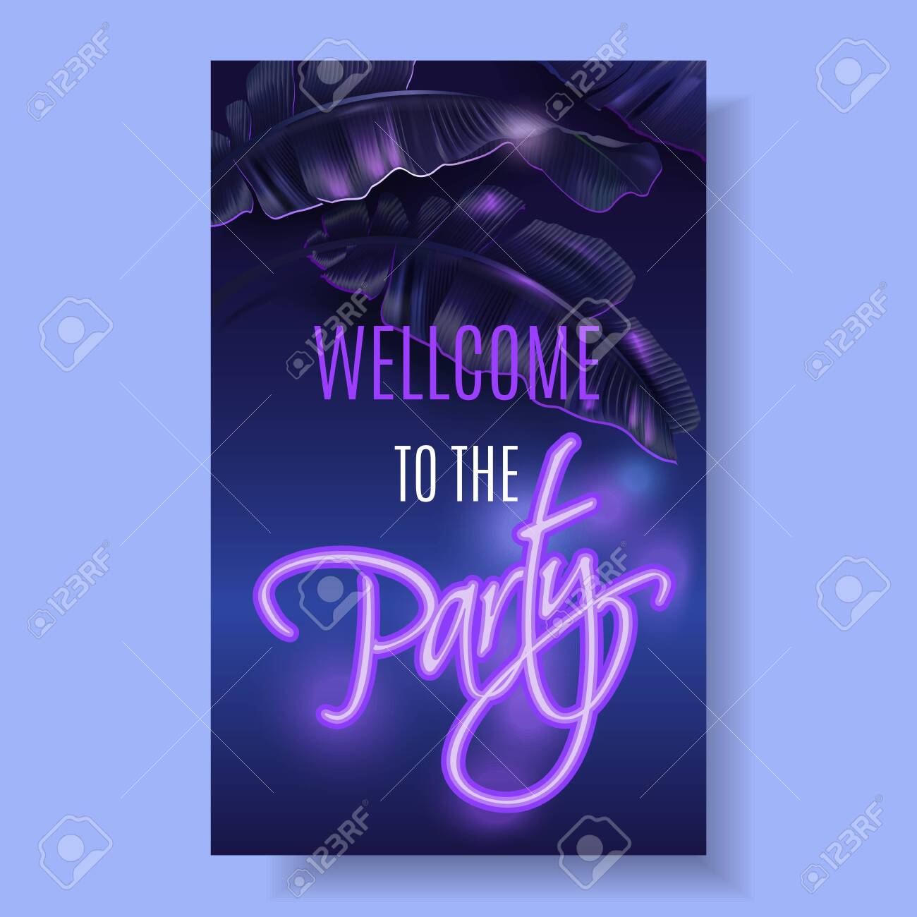 Vector tropical banner with purple banana leaves and pink neon letters on dark blue background. Exotic design for night music party, beach event invitation, dance party, summer sale, cosmetics flyer - 139511901 Vector tropical banner with purple banana leaves and pink neon letters on dark blue background. Exotic design for night music party, beach event invitation, dance party, summer sale, cosmetics flyer - 139511901