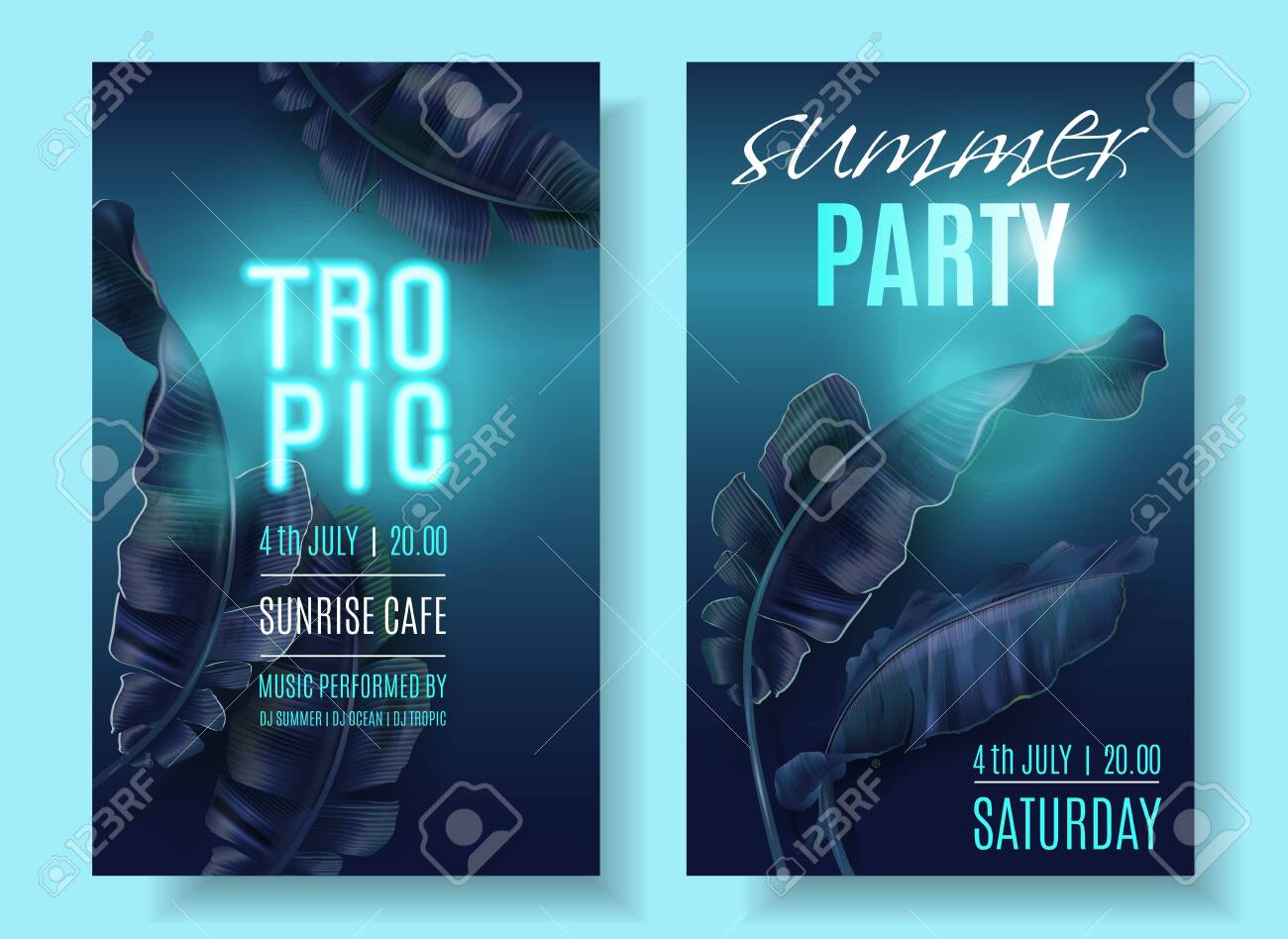 Vector tropical banner set with blue banana leaves and turquoise neon letters on dark blue background. Exotic design for night music party, beach event invitation, dance party, sale, cosmetics flyer - 139834072 Vector tropical banner set with blue banana leaves and turquoise neon letters on dark blue background. Exotic design for night music party, beach event invitation, dance party, sale, cosmetics flyer - 139834072