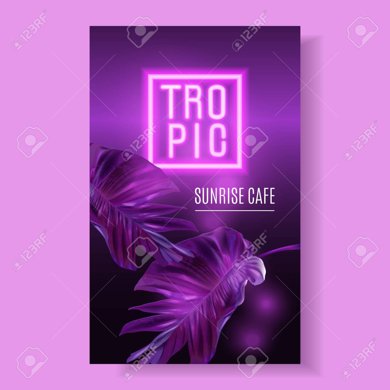 Vector purple neon banner with tropical leaves - 141614303 Vector purple neon banner with tropical leaves - 141614303
