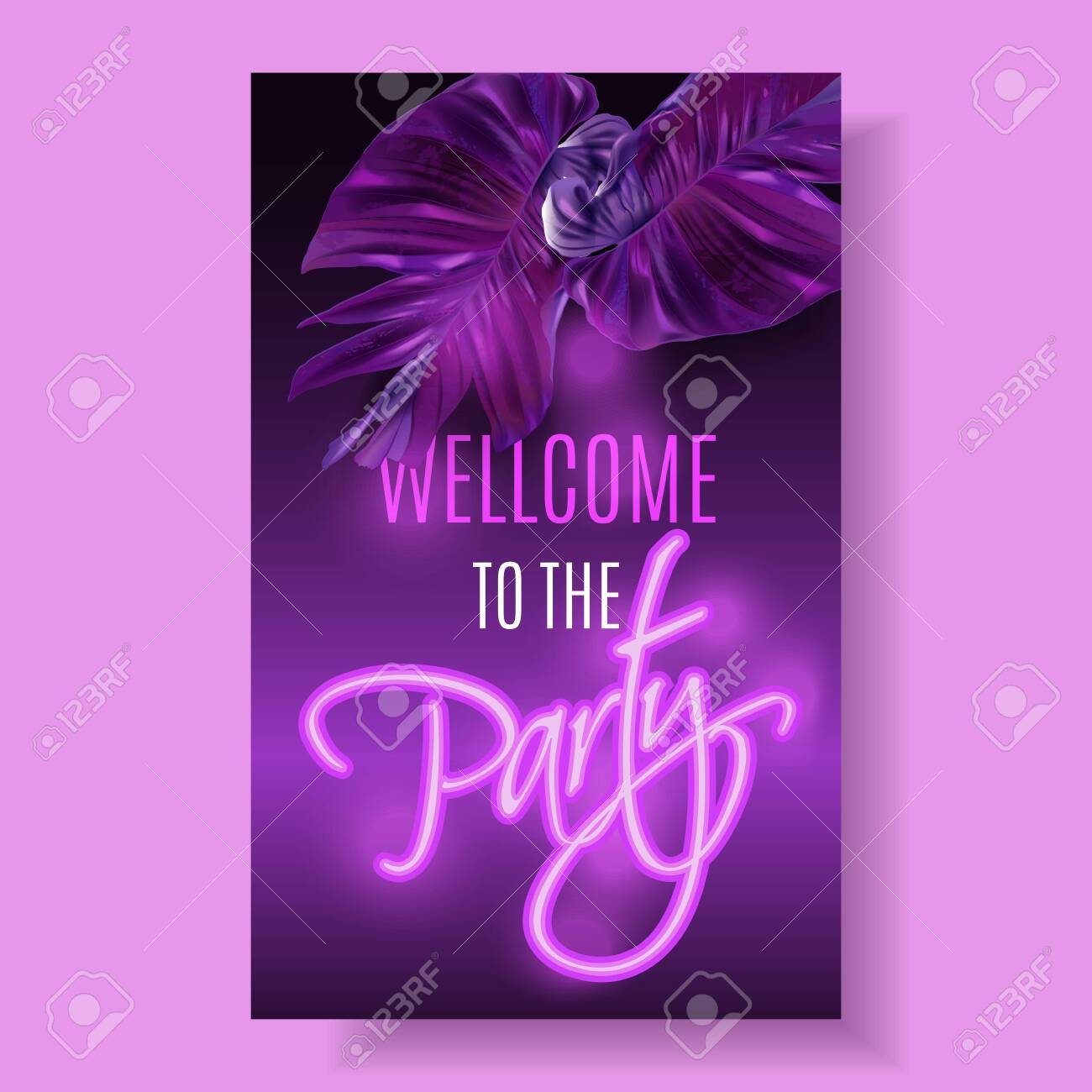 Vector banner with purple tropical leaves and pink neon letters on dark background. Exotic design for night music party, beach event invitation, dance party, summer sale, cosmetics flyer - 139833797 Vector banner with purple tropical leaves and pink neon letters on dark background. Exotic design for night music party, beach event invitation, dance party, summer sale, cosmetics flyer - 139833797