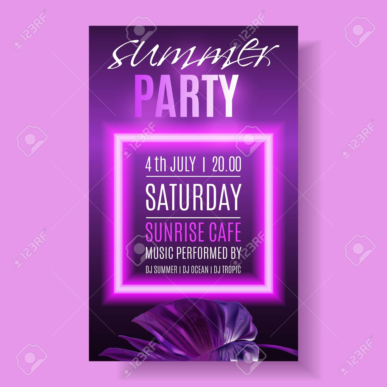 Vector purple neon banner with tropical leaves - 141620345 Vector purple neon banner with tropical leaves - 141620345