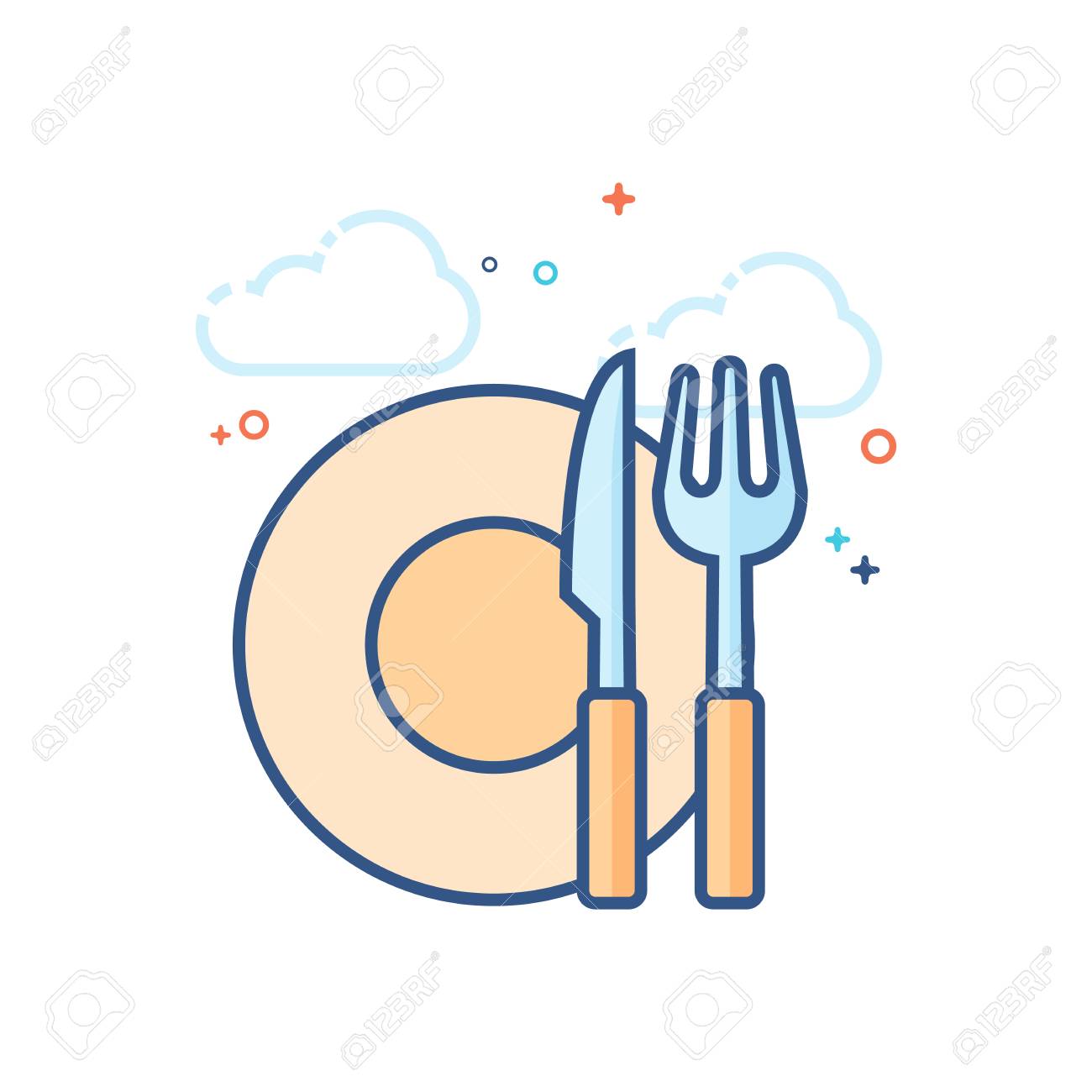 輪郭を描いたフラットカラースタイルの料理アイコン ベクトルイラスト のイラスト素材 ベクタ Image
