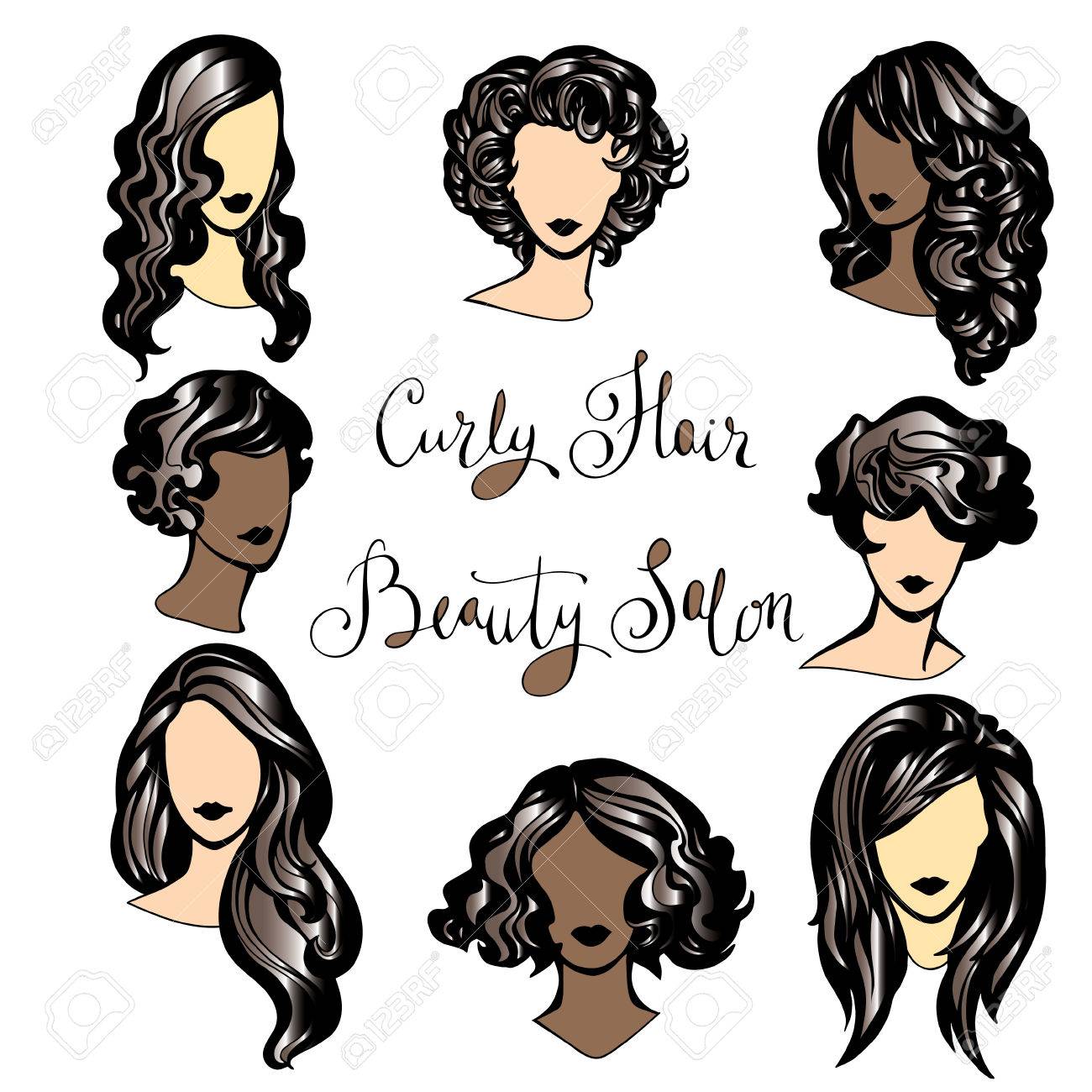 Jeu De Filles Stylisées Coiffures Vectorielles Ensemble De Coiffures à La Mode Pour Cheveux Bouclés Pour Femmes élégantes Un Ensemble De Logos Pour