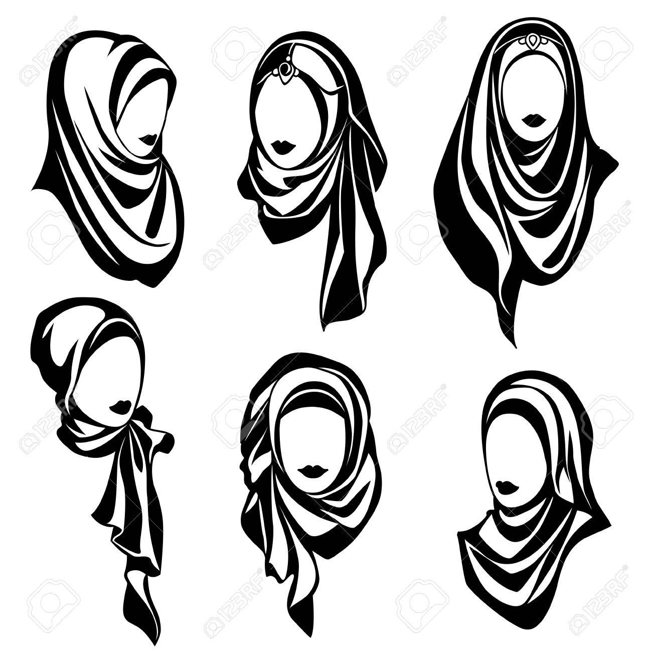 Set of black and white vector logos of muslim oriental girls in hijab