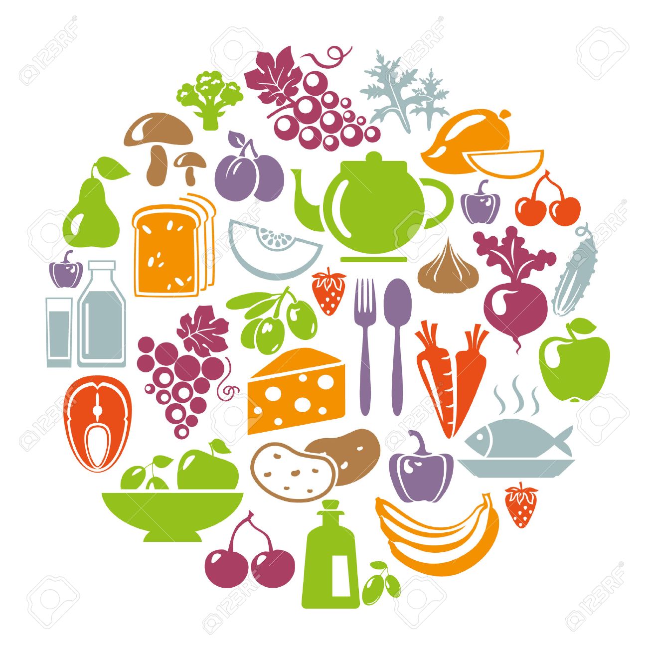 健康食品のコンセプトのベクター イラストです 有機食品のアイコンを持つ図形をサークル 野菜 果物 魚 茶 コーヒー チーズ オリーブ オイル 乳製品 のイラスト素材 ベクタ Image