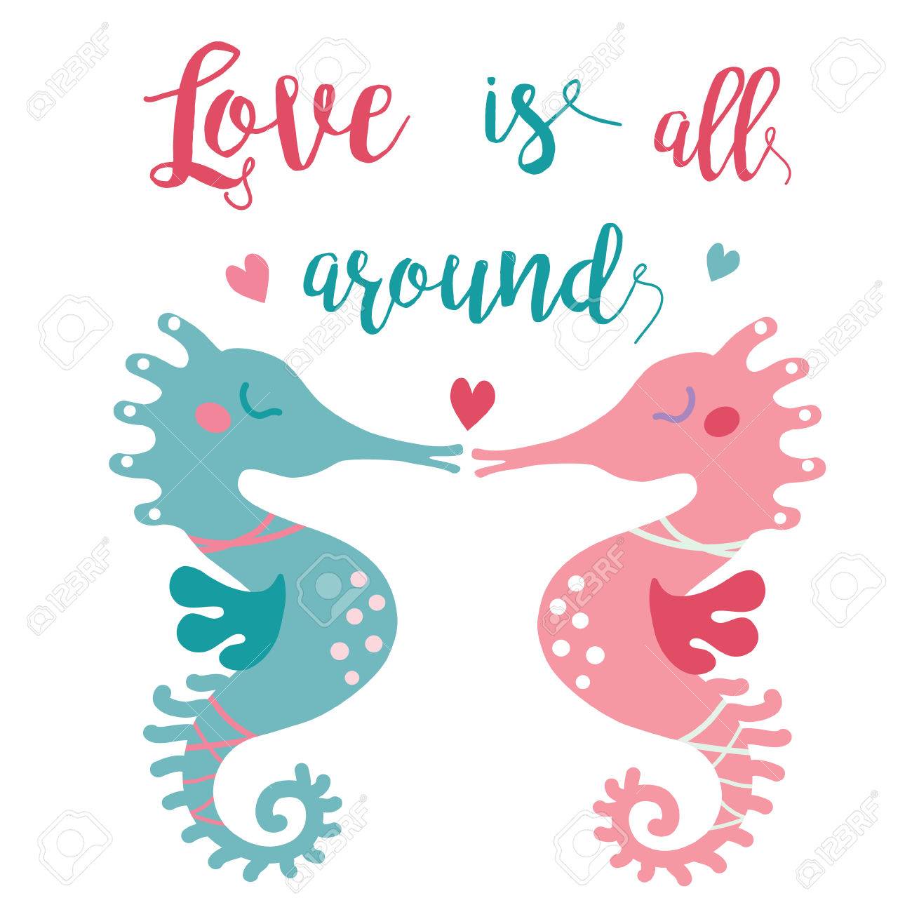 愛の海でお互いにキス 2 つのかわいい Seahourses のイラスト バレンタインのグリーティング カード あなたの婚約者の話の画像が大好きです 愛の周りの画像です のイラスト素材 ベクタ Image