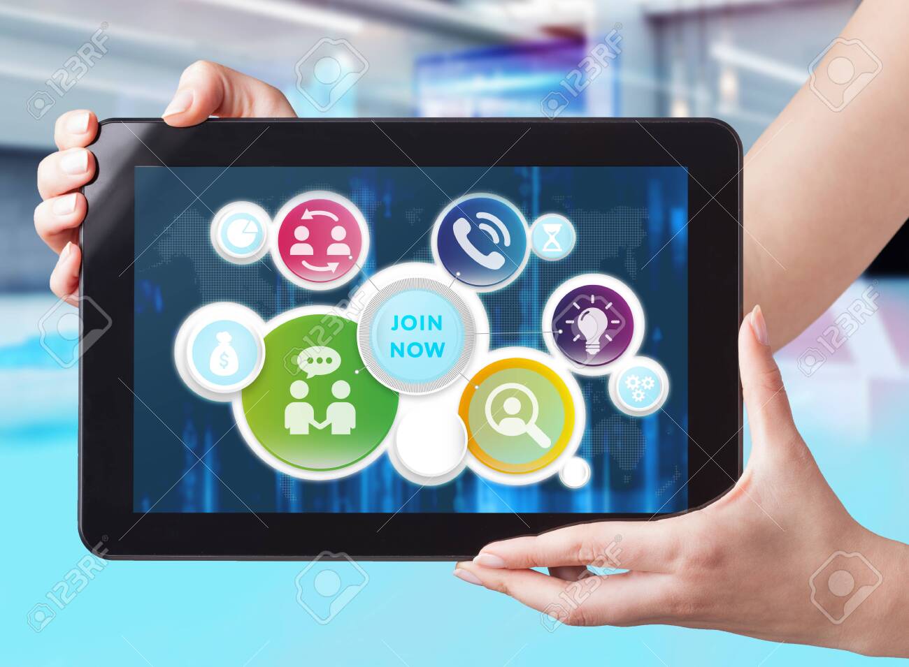 Business, Technology, Internet and network concept. Businessman working on the tablet of the future, select on the virtual display: join now - 134090202 Business, Technology, Internet and network concept. Businessman working on the tablet of the future, select on the virtual display: join now - 134090202