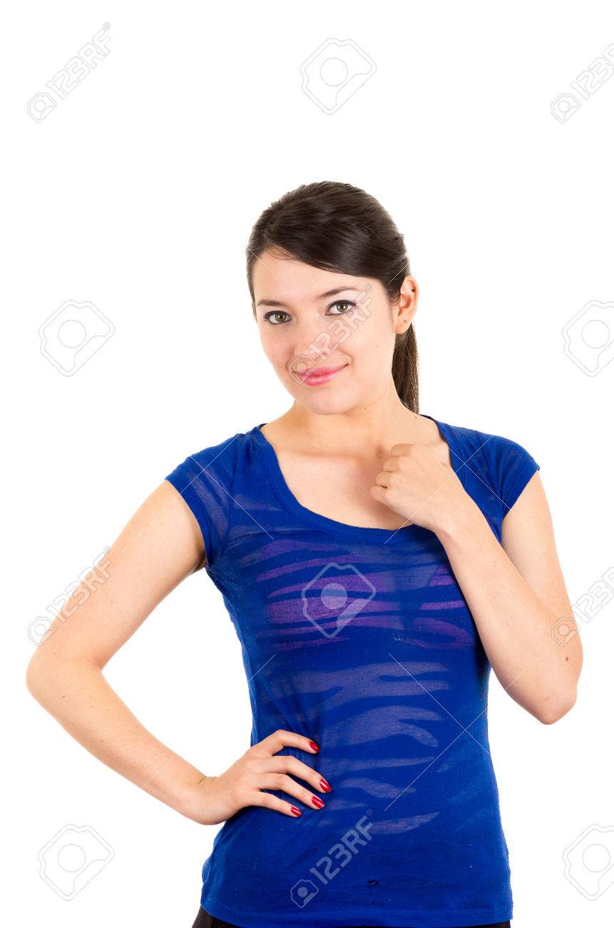 美しい笑顔ブルネット ラテン語少女ポーズを白で隔離される首に触れる の写真素材 画像素材 Image