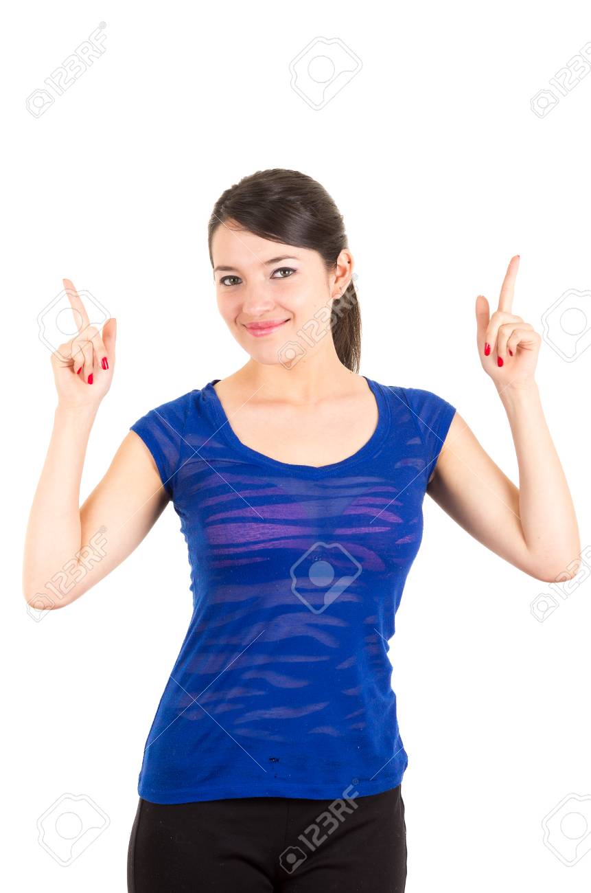 美しい笑顔ブルネット ラテン語少女白で隔離される上向きのポーズ の写真素材 画像素材 Image