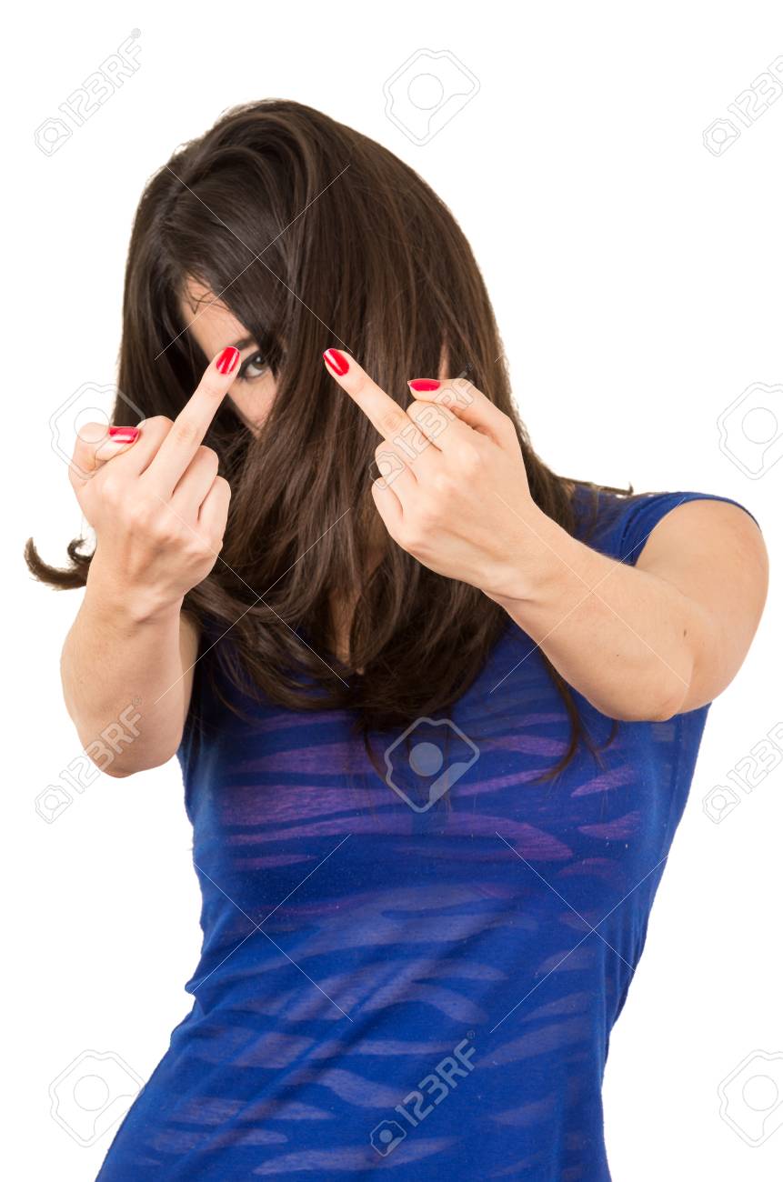 彼女の髪は 白で隔離と顔を隠す指を与えることでポーズの若い女の子のポートレート クローズ アップ の写真素材 画像素材 Image