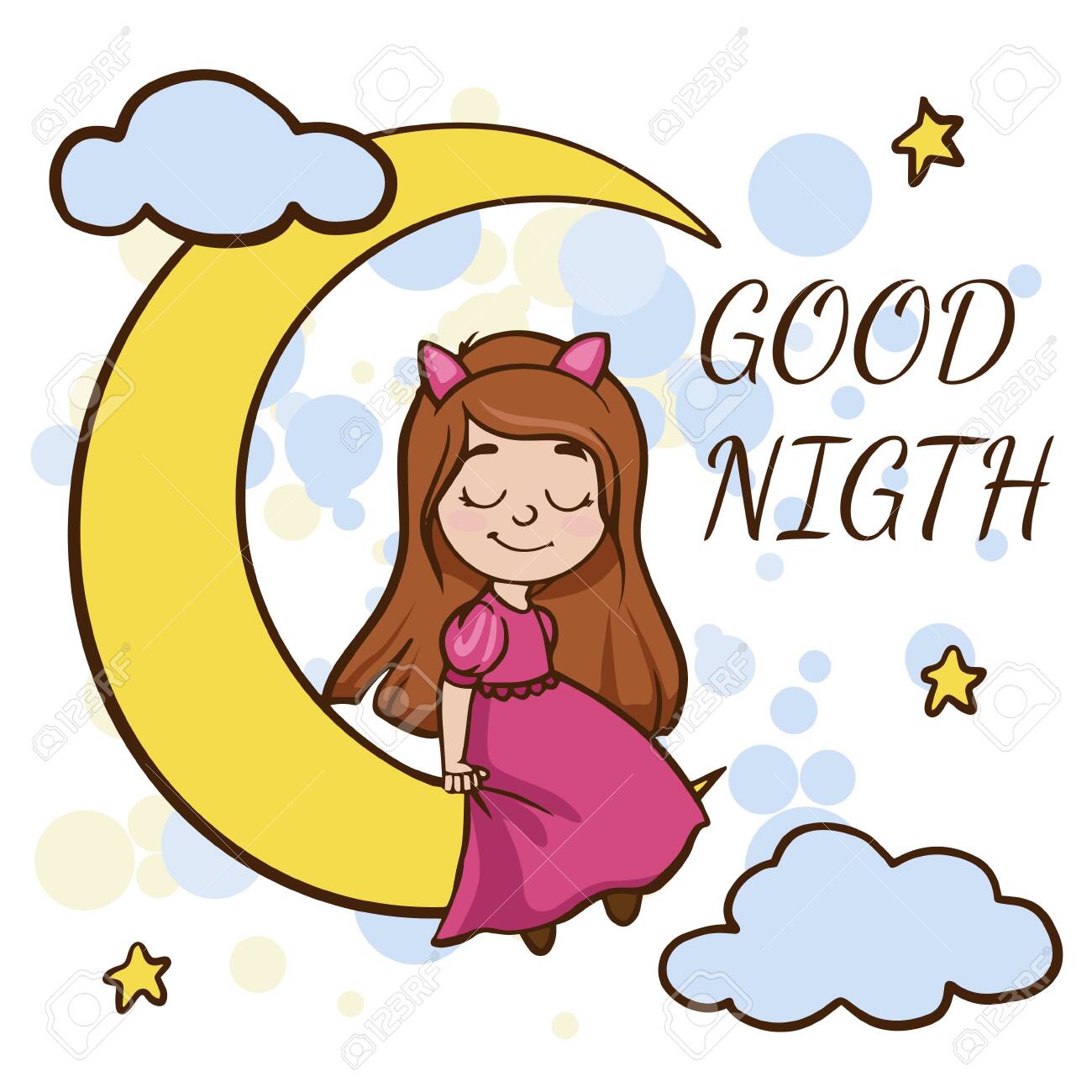 Doodle Sketch Of A Cute Girl Sitting On The Moon Simple Flat