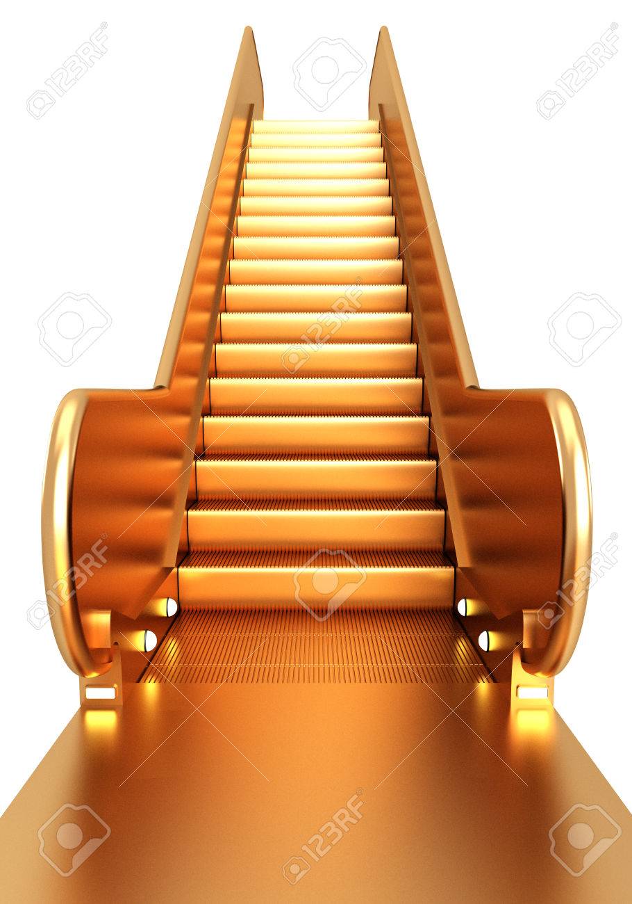 黄金のエスカレーター 白い背景上に分離 3 D イラスト の写真素材 画像素材 Image