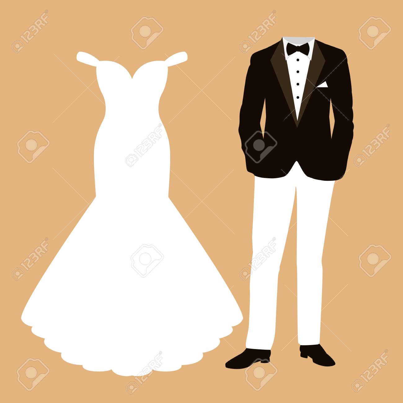 新郎新婦の衣装で結婚式のカード 美しいウェディング ドレスとタキシード ベクトルの図 のイラスト素材 ベクタ Image